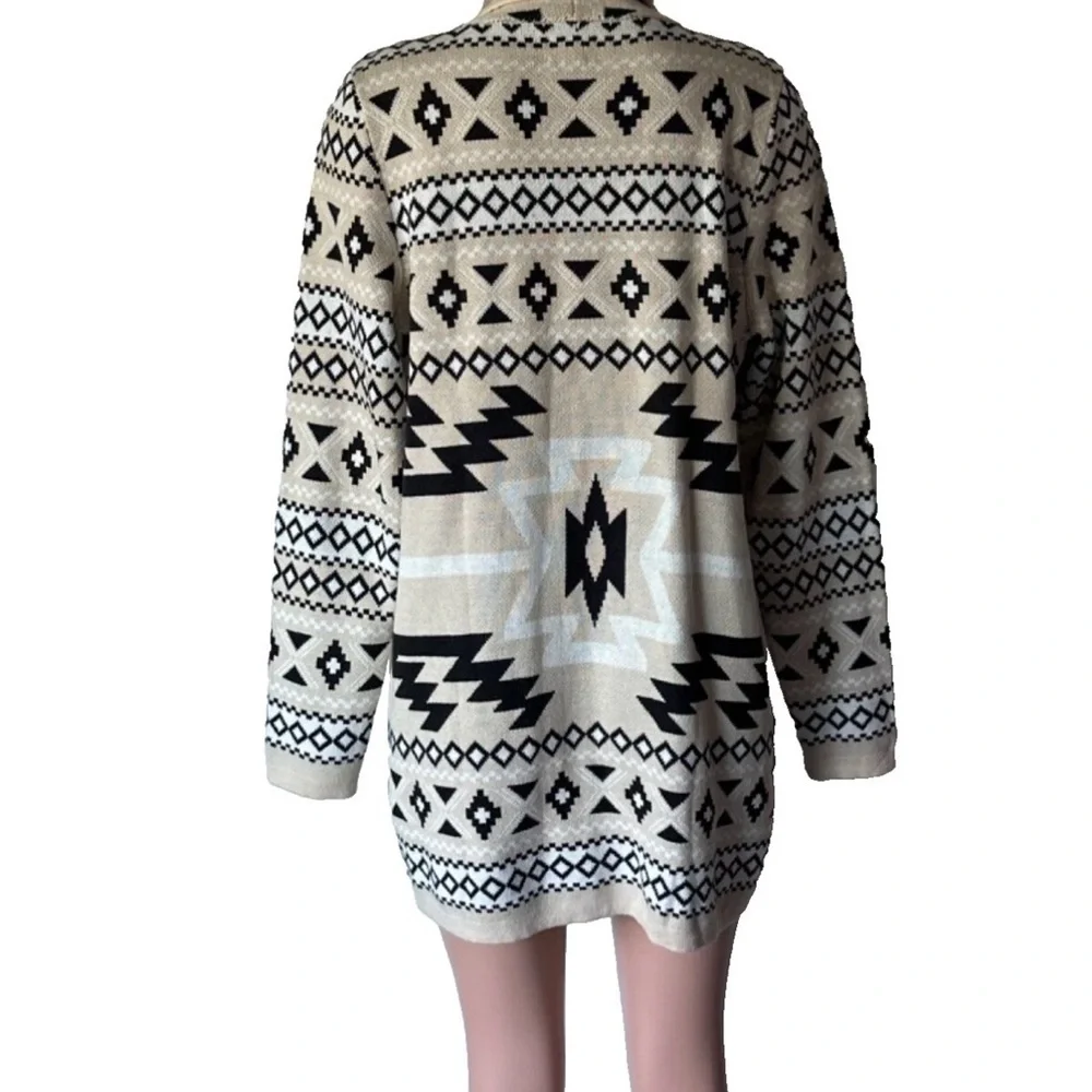 Lucky Brand Open Front Aztec Cardigan Tan Black Cozy Knit Winter NEW large